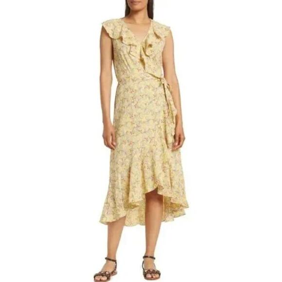 Max Studio Dresses & Skirts - Max Studio Summer Wrap Dress Ruffle Midi Yellow Floral Flowy Hi Lo Sz L